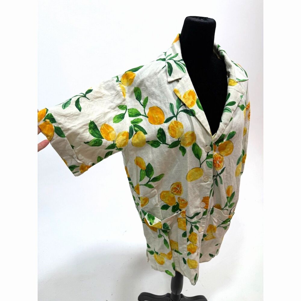 ZARA linen cotton blend lemon print short sleeve button up shirt - Picture 4 of 7